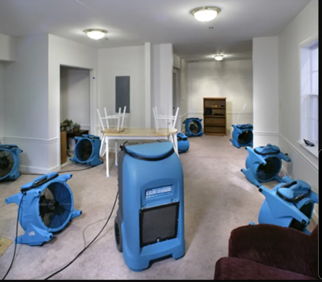 Air movers and dehumidifier setup for Water Damage Restoration in Broadview
